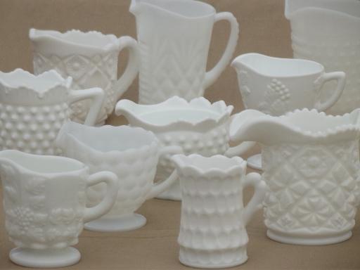 photo of collection of vintage milk glass pitchers, creamers, cream & milk pitcher lot #1