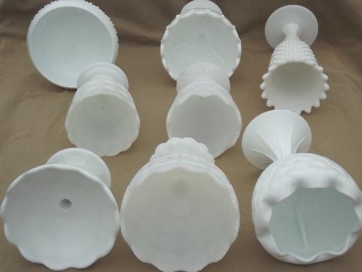 photo of collection of vintage milk glass vases, pedestal bowls, compotes each different #2