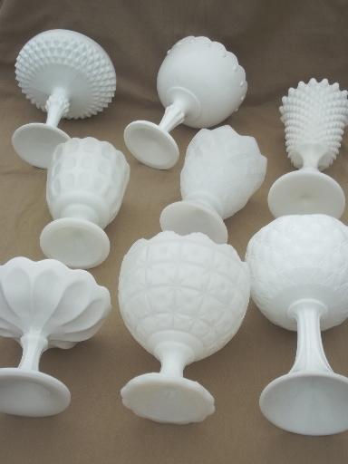 photo of collection of vintage milk glass vases, pedestal bowls, compotes each different #3