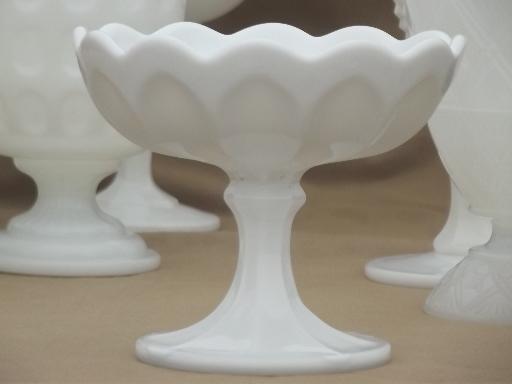 photo of collection of vintage milk glass vases, pedestal bowls, compotes each different #5