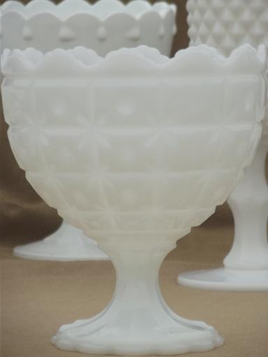 photo of collection of vintage milk glass vases, pedestal bowls, compotes each different #8