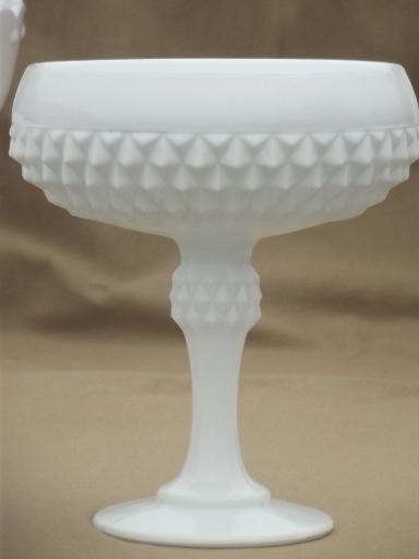 photo of collection of vintage milk glass vases, pedestal bowls, compotes each different #9