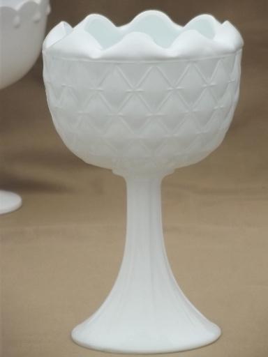 photo of collection of vintage milk glass vases, pedestal bowls, compotes each different #12