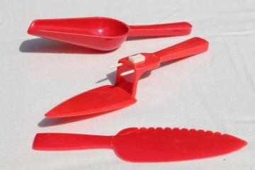 catalog photo of collection of vintage red plastic kitchenware, tools & gadgets - retro 1950s kitchenalia