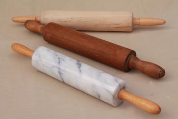 catalog photo of collection of vintage rolling pins, primitive wood rolling pin, marble rolling pin