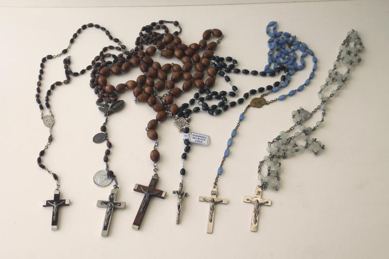 photo of collection of vintage rosaries, Catholic cross prayer beads necklace w/ medals #1