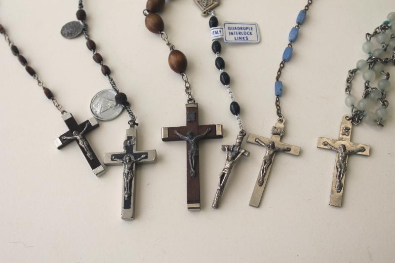 photo of collection of vintage rosaries, Catholic cross prayer beads necklace w/ medals #3