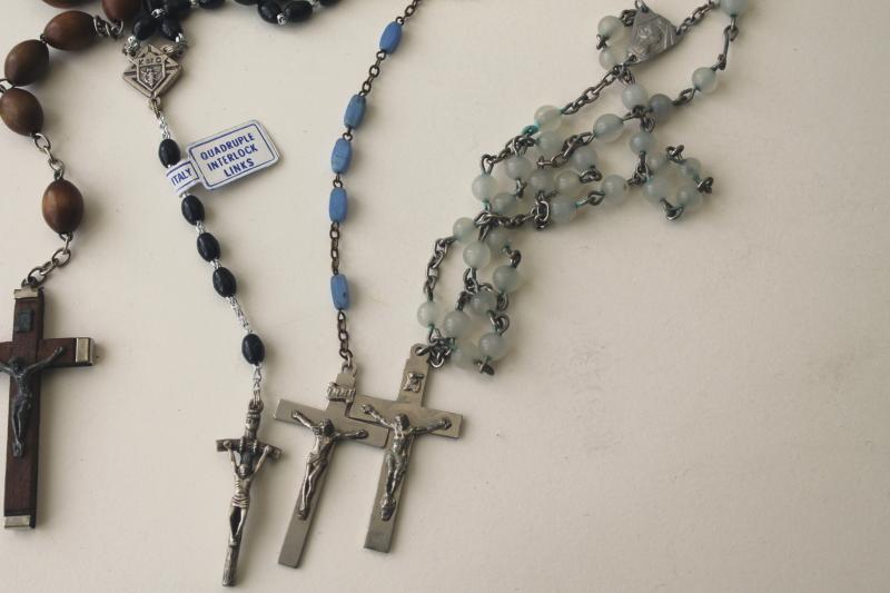 photo of collection of vintage rosaries, Catholic cross prayer beads necklace w/ medals #5