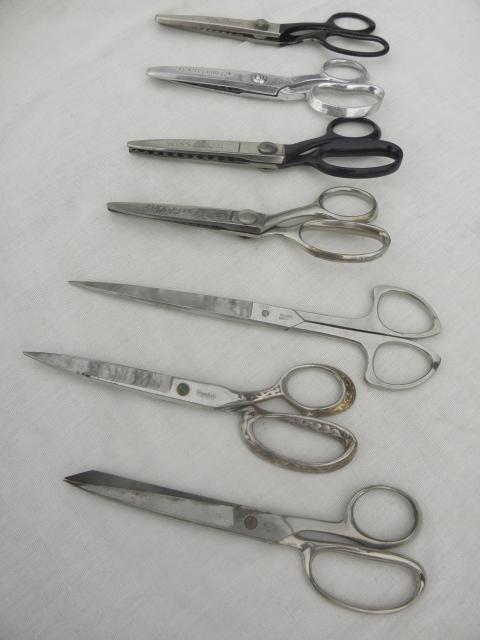 photo of collection of vintage sewing scissors, pinking shears, deco Soligen paper shears #1