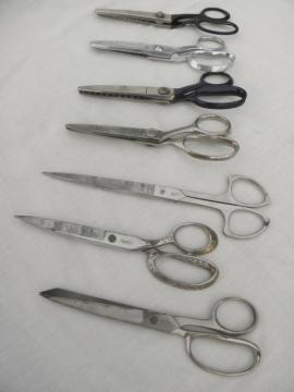 catalog photo of collection of vintage sewing scissors, pinking shears, deco Soligen paper shears