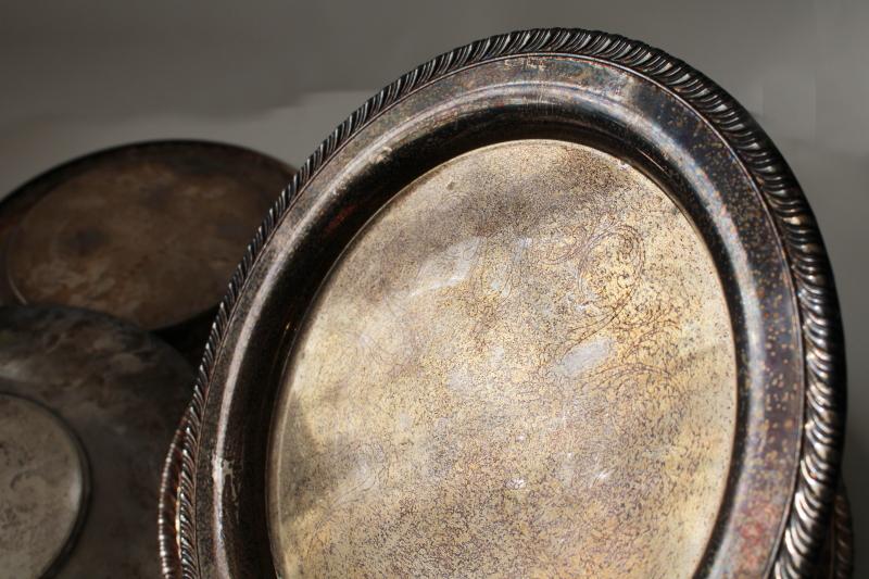 photo of collection of vintage silver plate trays, chargers, round platters, plates lot #5