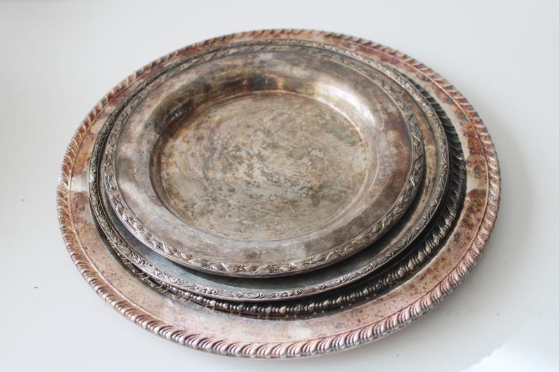 photo of collection of vintage silver plate trays, chargers, round platters, plates lot #8
