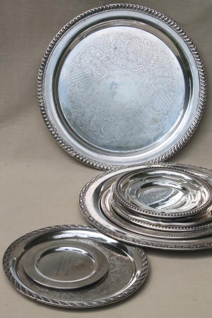 photo of collection of vintage silverplate trophy plates & trays, etched silver plated pieces #1