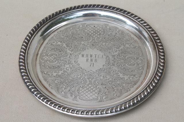 photo of collection of vintage silverplate trophy plates & trays, etched silver plated pieces #8