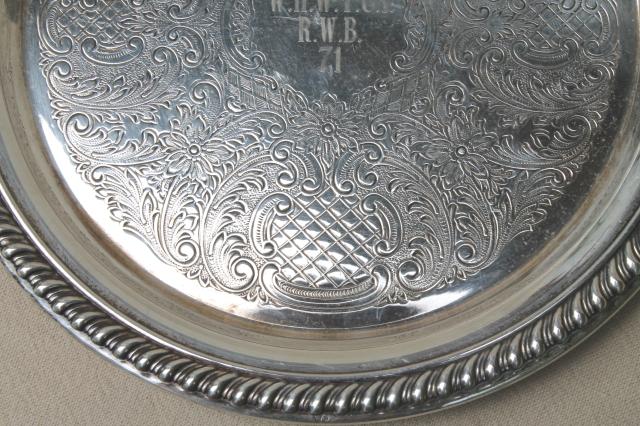 photo of collection of vintage silverplate trophy plates & trays, etched silver plated pieces #9