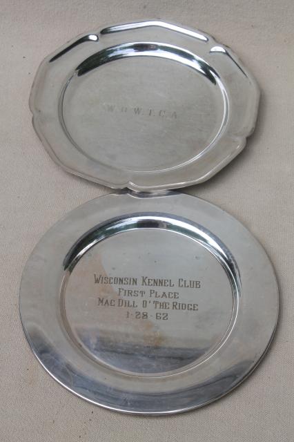 photo of collection of vintage silverplate trophy plates & trays, etched silver plated pieces #11