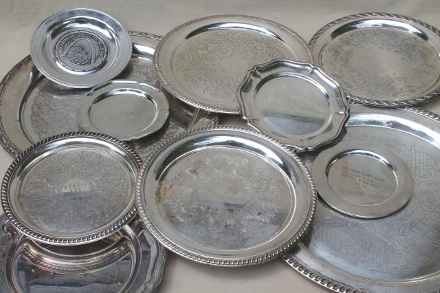 photo of collection of vintage silverplate trophy plates & trays, etched silver plated pieces #14