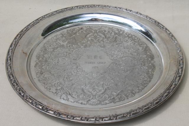 photo of collection of vintage silverplate trophy plates & trays, etched silver plated pieces #17