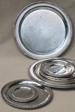 catalog photo of collection of vintage silverplate trophy plates & trays, etched silver plated pieces