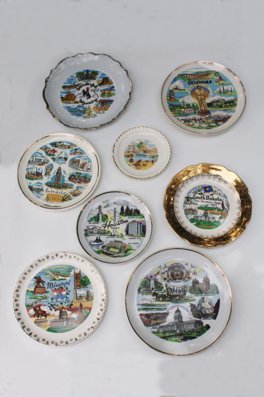 photo of collection of vintage state plates, mid-century souvenir summer road trip travel out west #1