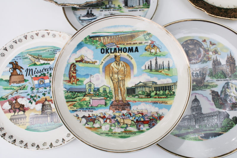 photo of collection of vintage state plates, mid-century souvenir summer road trip travel out west #6