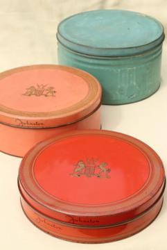 catalog photo of collection of vintage tins in faded colors, coral red, pink, blue
