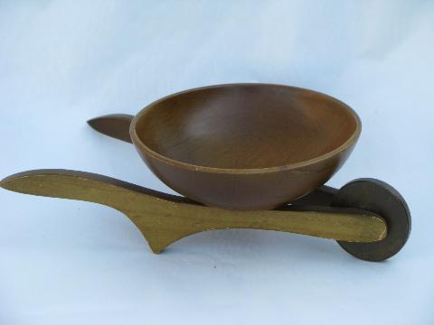 photo of collection of vintage wood nut dishes, small wooden wheelbarrow bowls #2