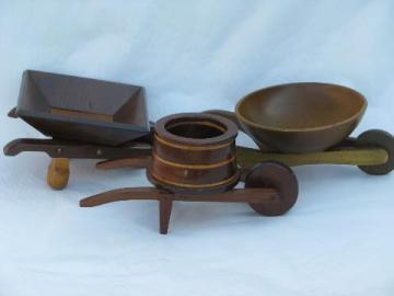 catalog photo of collection of vintage wood nut dishes, small wooden wheelbarrow bowls