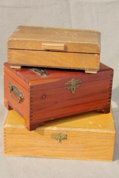 catalog photo of collection of vintage wooden boxes, wood jewelry box, glove box, old cigar box