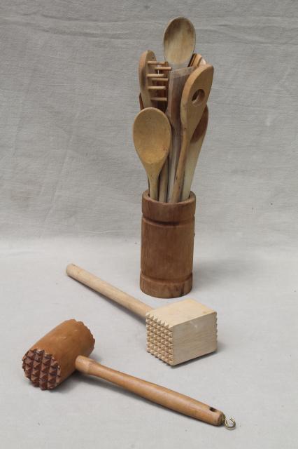 photo of collection of vintage wooden kitchen utensils, wood spoons, meat tenderizer mallets #1