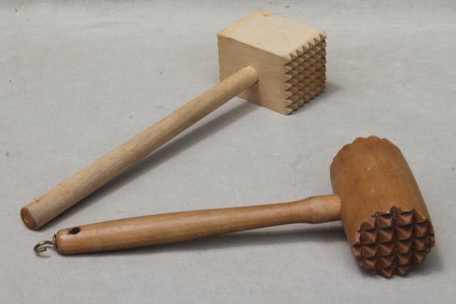 photo of collection of vintage wooden kitchen utensils, wood spoons, meat tenderizer mallets #4