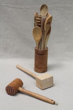 catalog photo of collection of vintage wooden kitchen utensils, wood spoons, meat tenderizer mallets