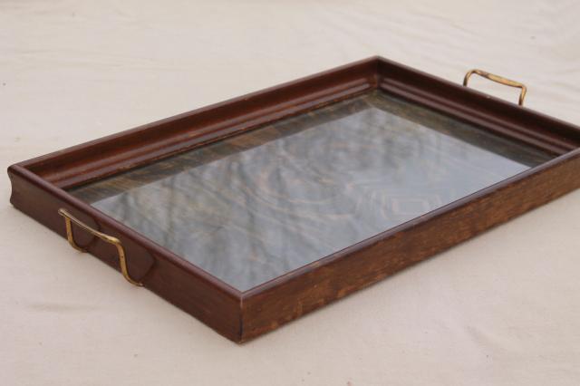 photo of collection of wood frame trays, antique vintage glass topped serving tray lot #3