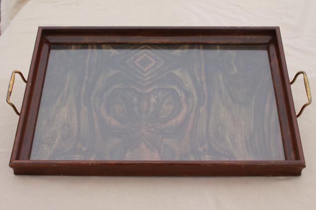 photo of collection of wood frame trays, antique vintage glass topped serving tray lot #5