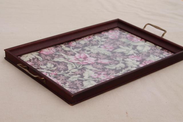 photo of collection of wood frame trays, antique vintage glass topped serving tray lot #9