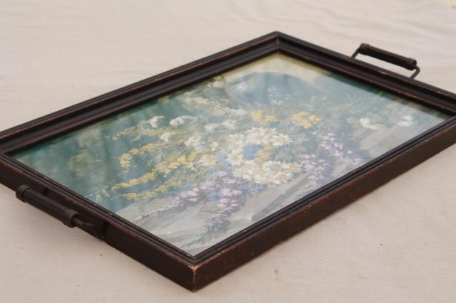 photo of collection of wood frame trays, antique vintage glass topped serving tray lot #13