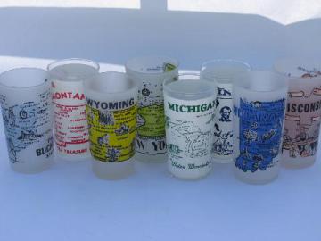 catalog photo of collection retro state map vacation souvenir glasses, vintage Hazel Atlas etc.