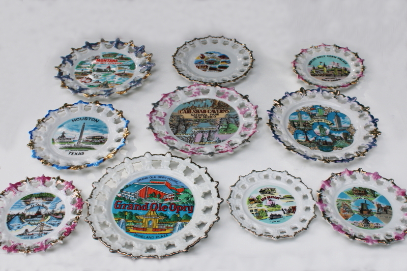 photo of collection vintage lace edge souvenir plates mid-century kitsch road trip travel #1