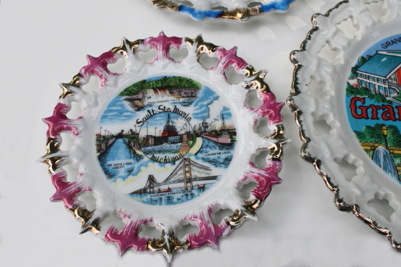 photo of collection vintage lace edge souvenir plates mid-century kitsch road trip travel #2