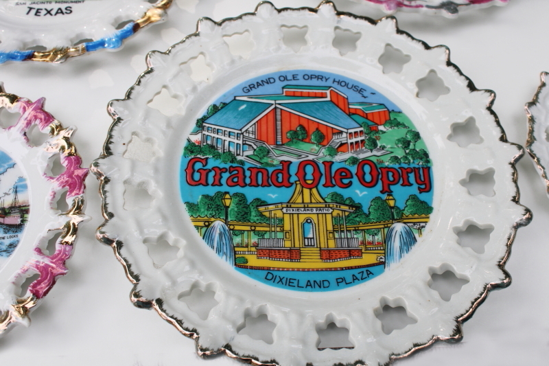 photo of collection vintage lace edge souvenir plates mid-century kitsch road trip travel #3