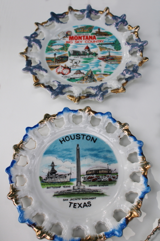 photo of collection vintage lace edge souvenir plates mid-century kitsch road trip travel #4