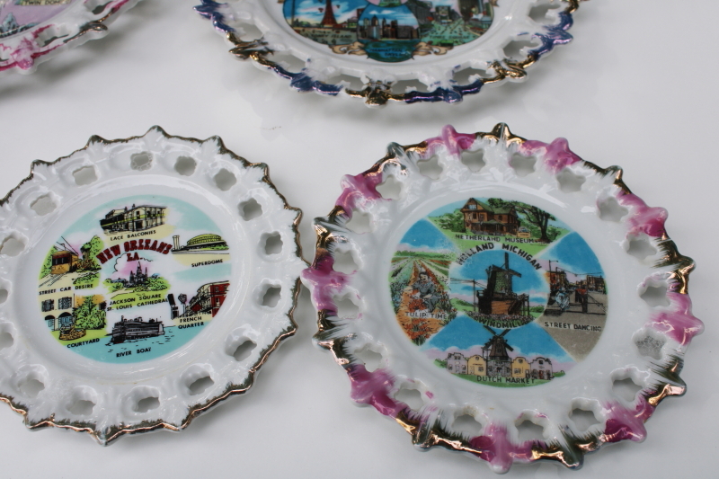 photo of collection vintage lace edge souvenir plates mid-century kitsch road trip travel #6