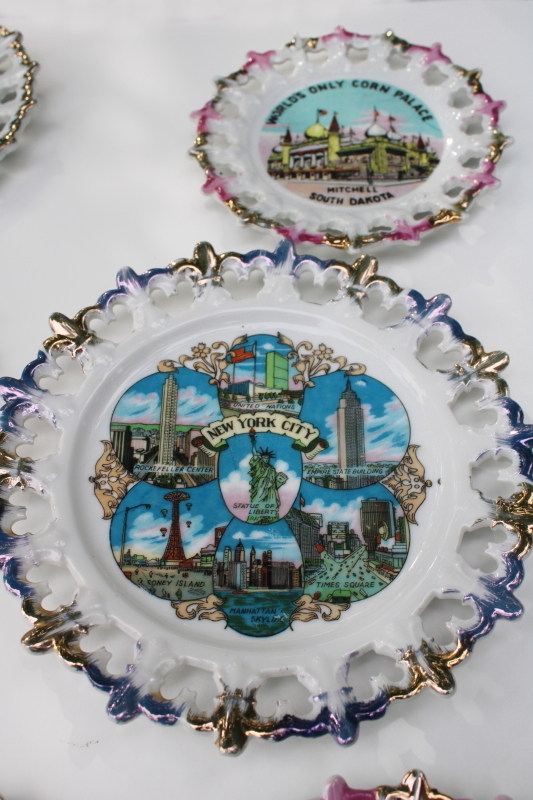 photo of collection vintage lace edge souvenir plates mid-century kitsch road trip travel #7