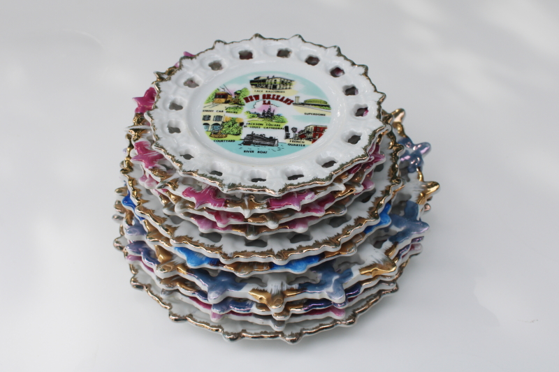 photo of collection vintage lace edge souvenir plates mid-century kitsch road trip travel #8