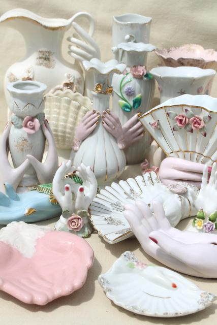 photo of collection vintage ladies hand vases figurines, lady-like white & pink porcelain show of hands #1