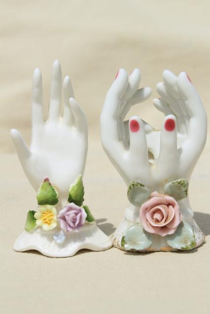 photo of collection vintage ladies hand vases figurines, lady-like white & pink porcelain show of hands #9