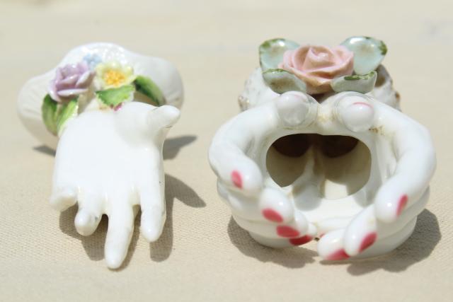 photo of collection vintage ladies hand vases figurines, lady-like white & pink porcelain show of hands #11