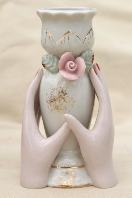 photo of collection vintage ladies hand vases figurines, lady-like white & pink porcelain show of hands #12