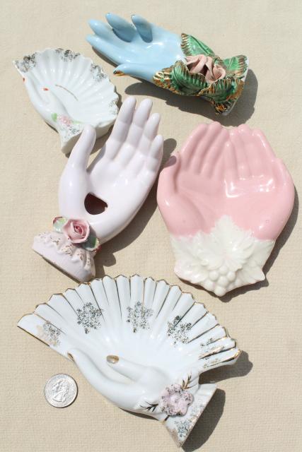 photo of collection vintage ladies hand vases figurines, lady-like white & pink porcelain show of hands #13