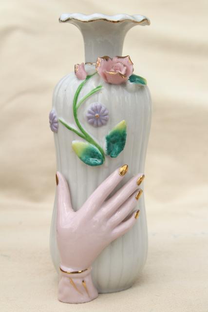 photo of collection vintage ladies hand vases figurines, lady-like white & pink porcelain show of hands #15